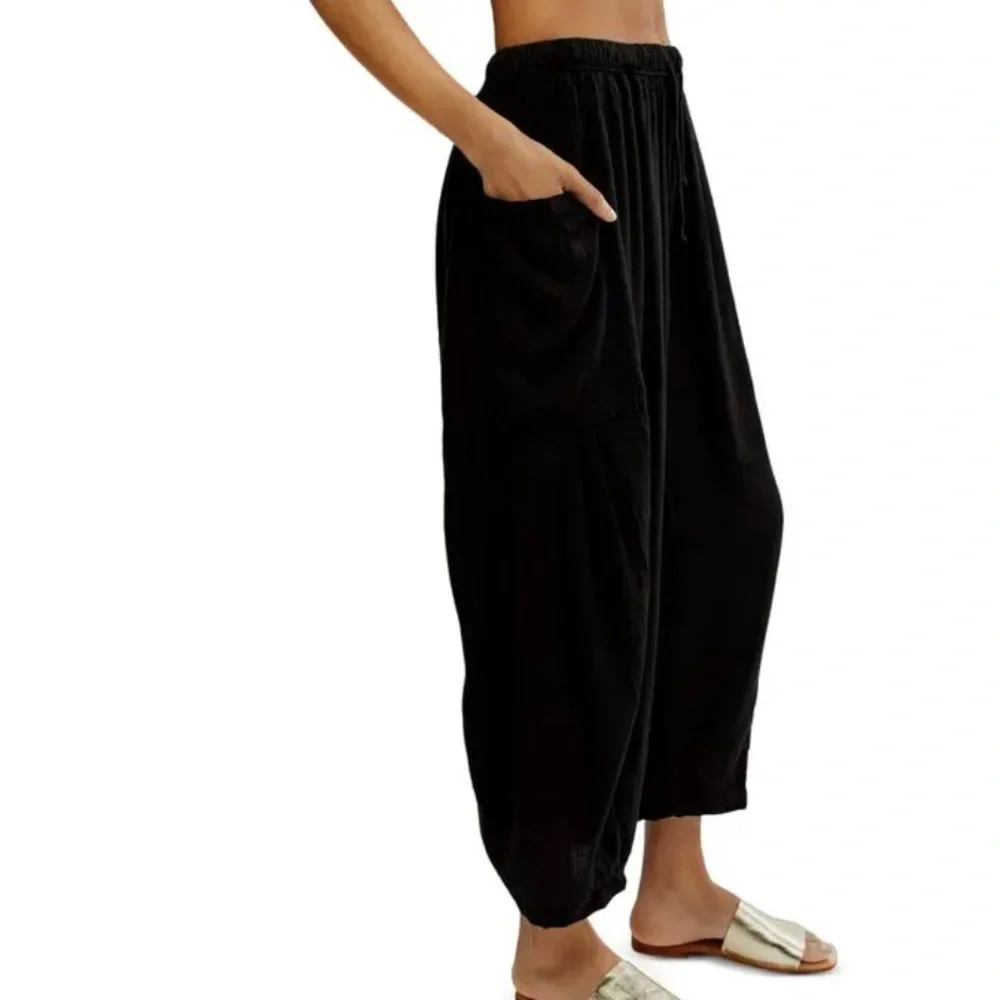 FREE‎ PEOPLE BOHO QUINN BLACK VISCOSE/LINEN BLEND PANTS BOHEMIAN RESORT-WEAR EUC - Picture 4 of 13